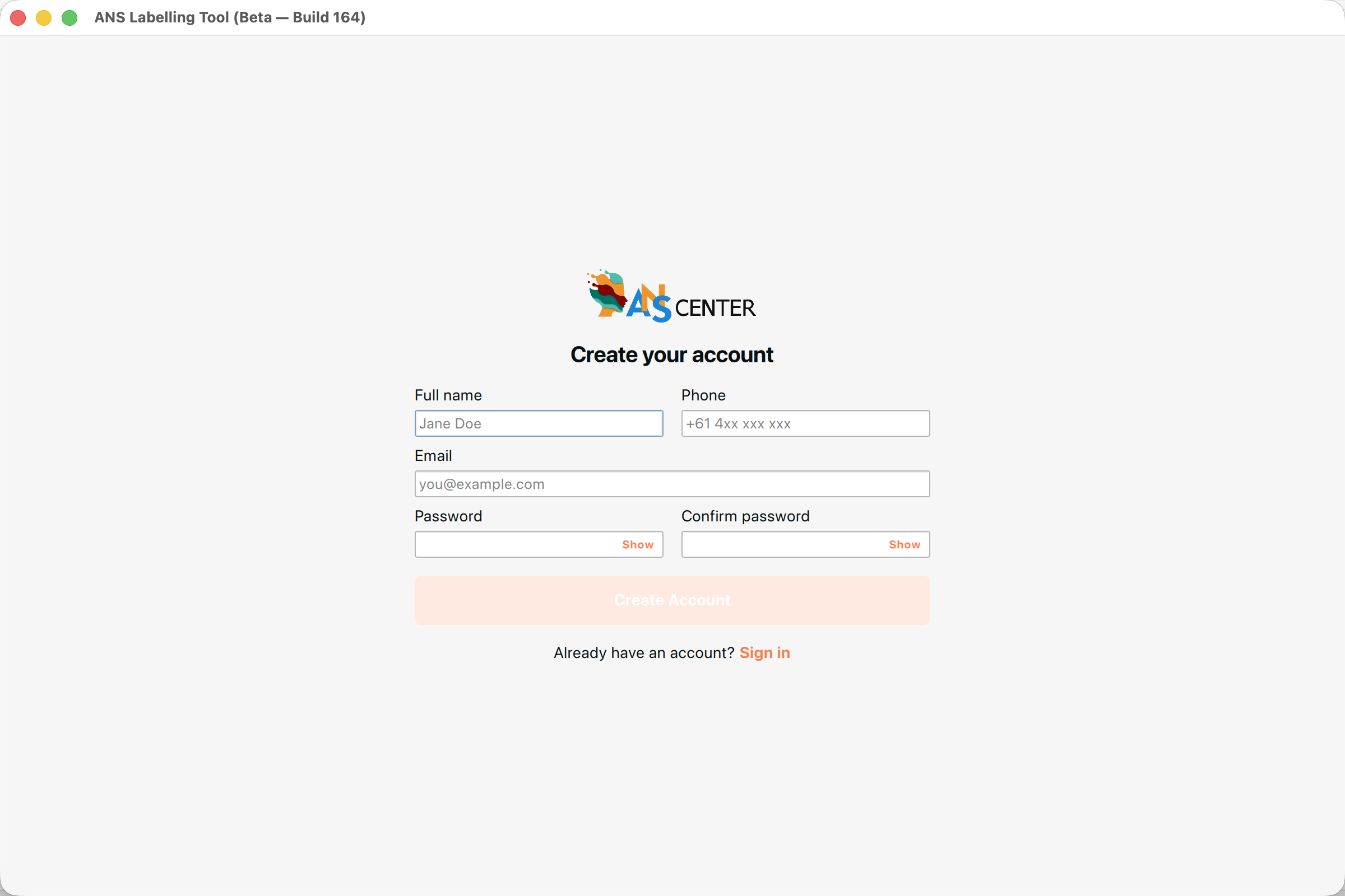 Account creation screen — reached via Create one on the login screen.