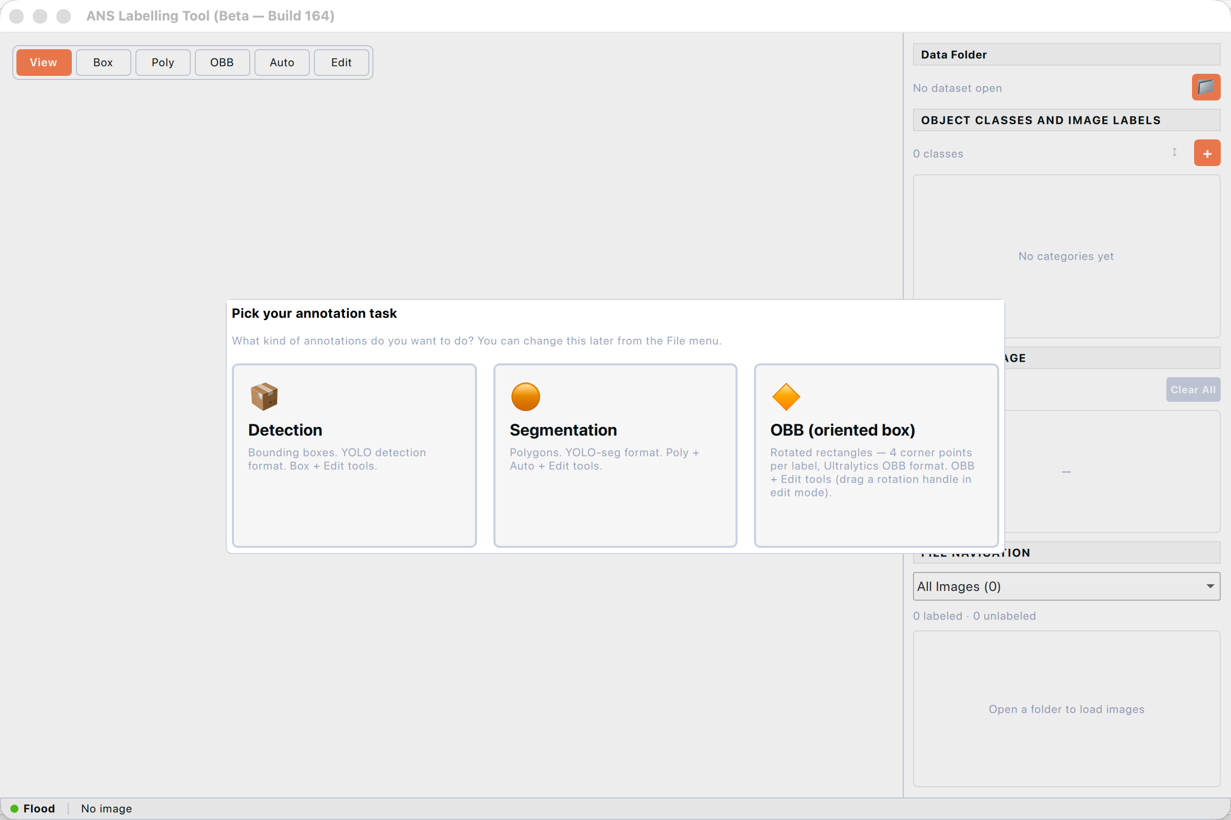 First-launch task picker. Click a card to choose your annotation task.