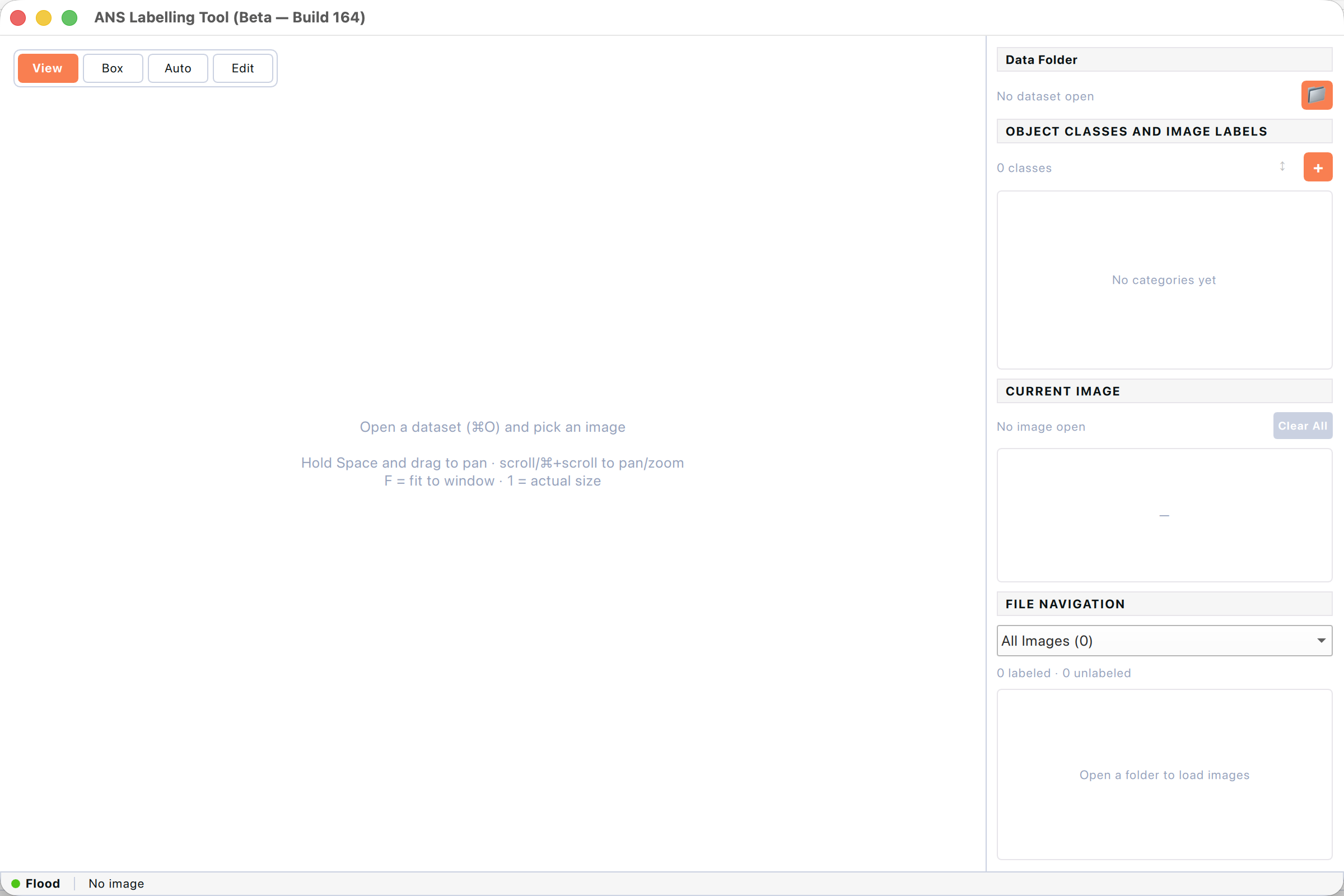 Empty workspace immediately after first sign-in — no dataset is open yet.