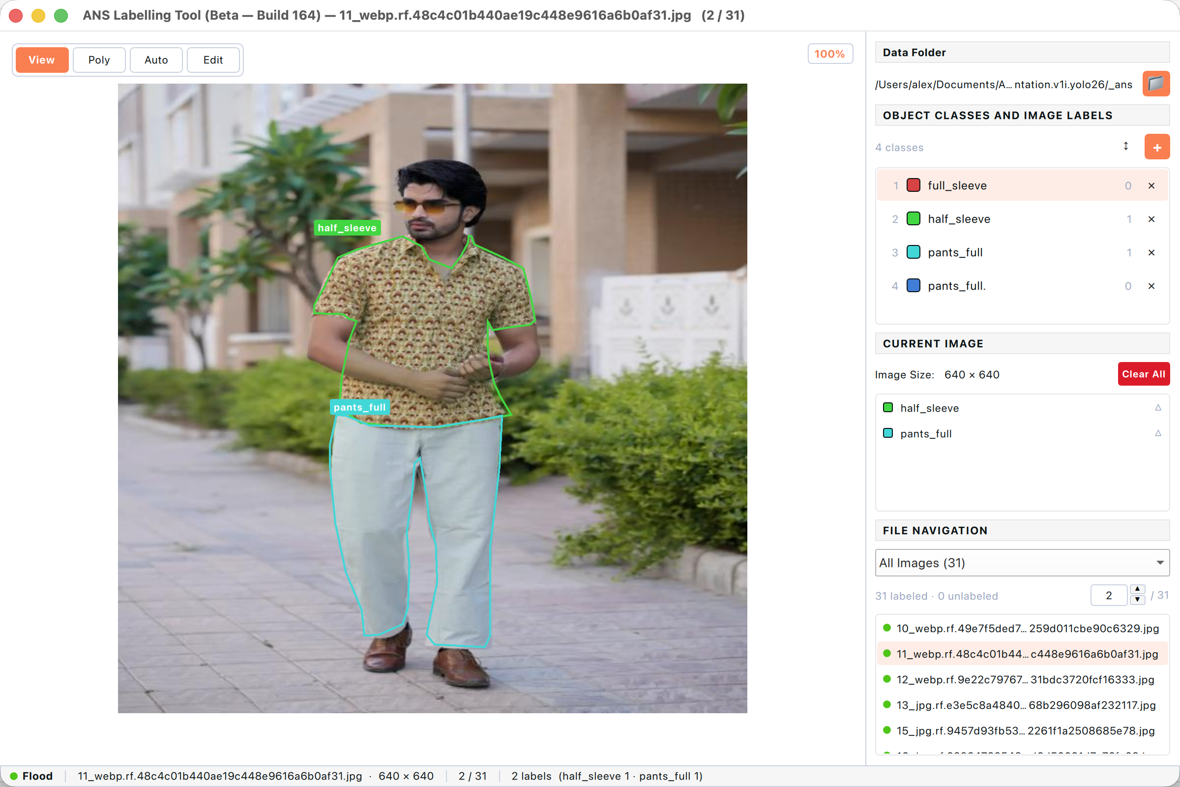 Polygon labels (half_sleeve, pants_full) traced around a person in a segmentation dataset.